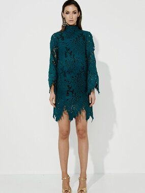MOSSMAN Rose Garden Laser Cut Midi Long Sleeve Dress Green Size US 2